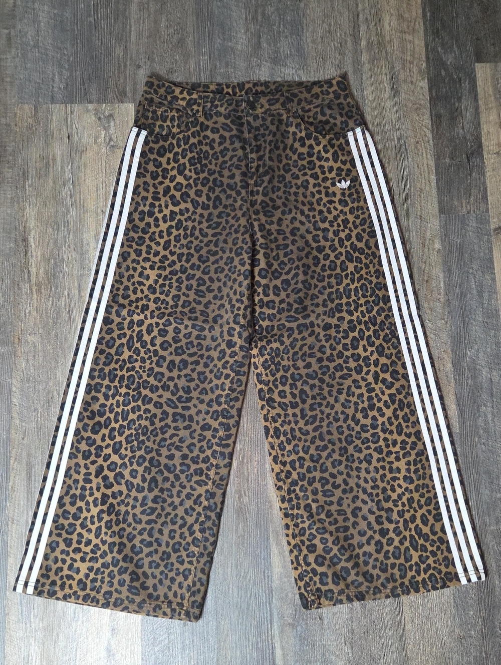 adidas Women's Leopard Print Wide Leg Jeans - Brown & Black with White Stripes